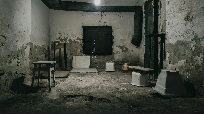 a run down room with two chairs and a table